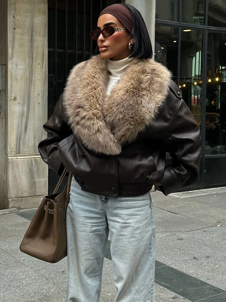 

Trendix Winter Leather Bomber Jacket Women Street Casual Vintage Button Cardigan Coat Office Commute Faux Fur Collar PU Jackets
