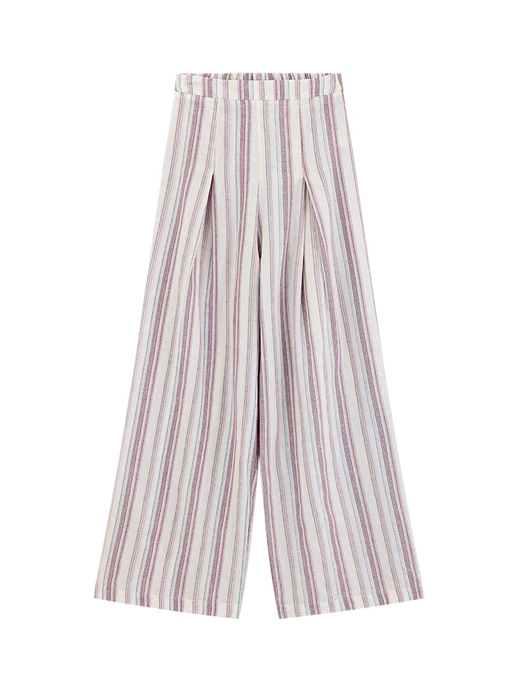 High Waist Wide Leg Striped Casual Pants for Women – Lightweight Summer Trousers with Pleated Front, Elastic Waist Relaxed Fit