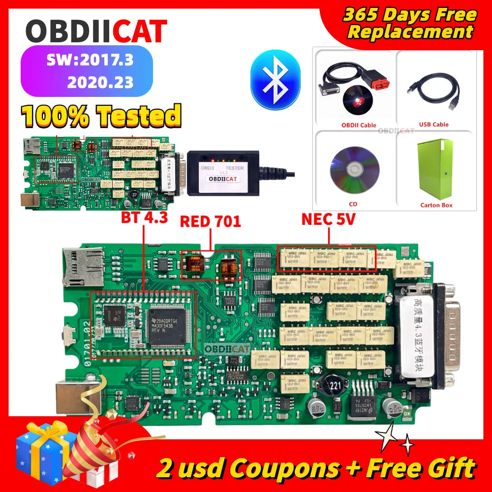 OBDIICAT Professional A+Single PCB OBD2 2017.3-2020.23 Car/Truck Diagnostic Tool New VCI TCS PRO Plus USB Bluetooth OBD Scanner