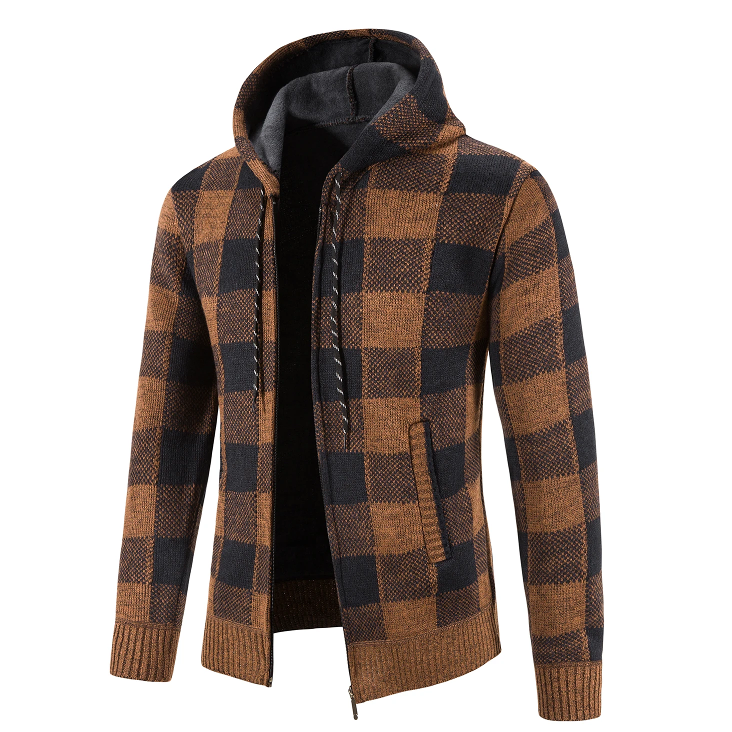 

Men Sweater Cardigan Knitted Jacket Hooded Coat Winter Autumn Plaid Y2K Boy Jumper Hoodies Male Zipper Up Clothing