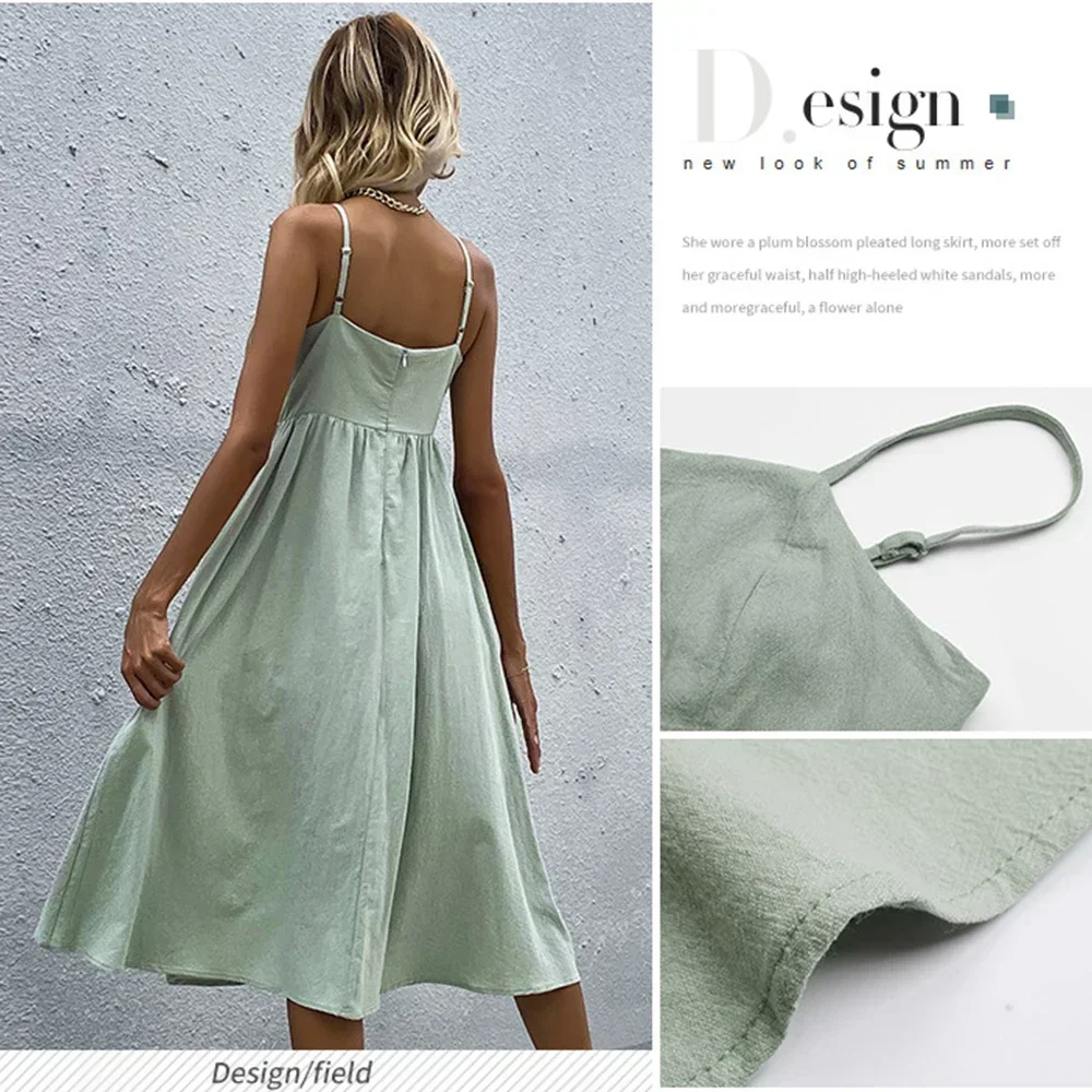 Women Summer Beach Style Dress Spaghetti Strap A Line Dress Ladies Casual Party Sling Dresses Solid Color Birthday Holiday Dress