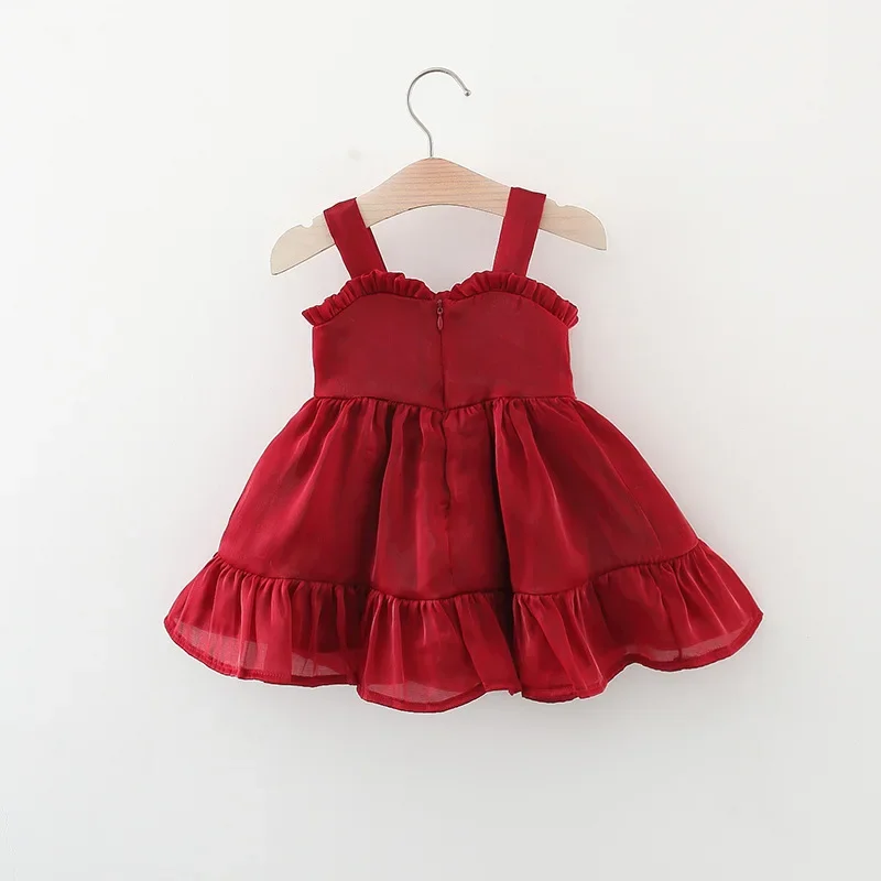 Girl\'s Summer Dress Sweet Hanging Strap Solid Color Big Bow Dress Suitable for Children Aged 80-110