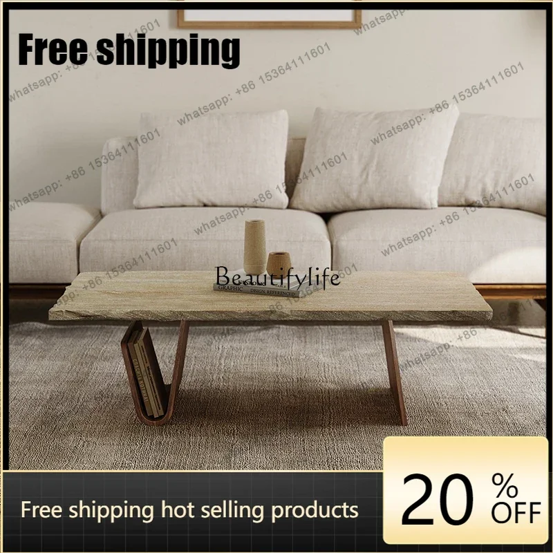 Customizable Wabi Sand Wind Natural Travertine Coffee Table Small Apartment Living Room Home Minimalist Coffee Table