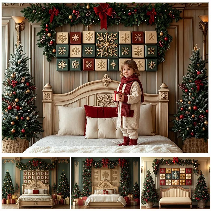 LS Photography Backdrop Christmas Bedroom Bed Sofa Pillow Decoration Kids New Year Portrait Backgrounds For Photographs