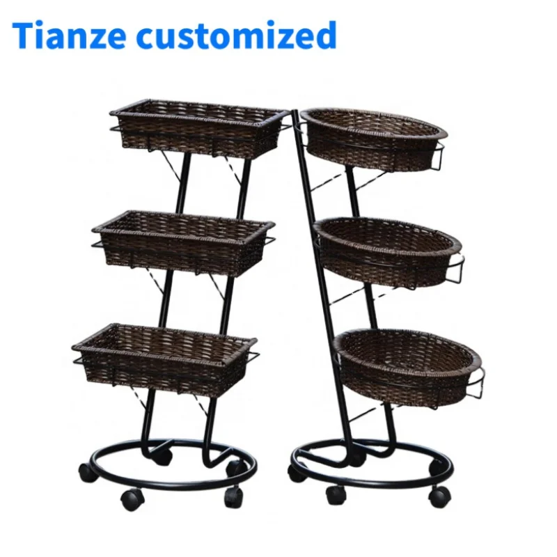 (Customized) Supermarket floor basket display stand fruit wicker basket with wheels