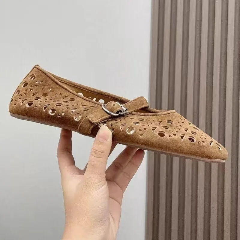 Designer Brand Original French Genuine Leather Suede Hollow Mary Jane Shoes Women's Flat Sole Single Shoes Ballet Shoes