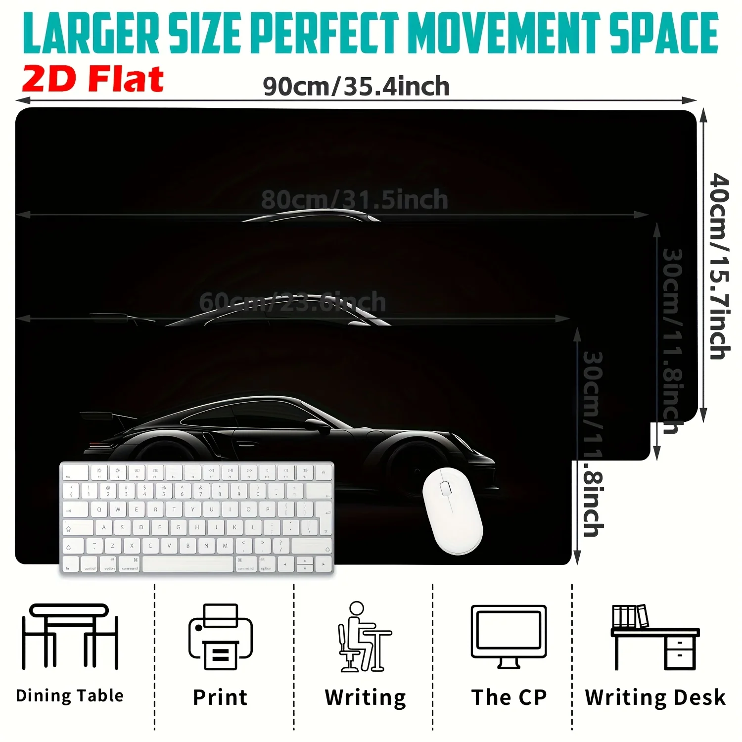 Large Matte Black Gaming Mouse Pad with Sports Car Design- Non-Slip Rubber Desk Mat for Office, Home, and Gaming- Rectangular