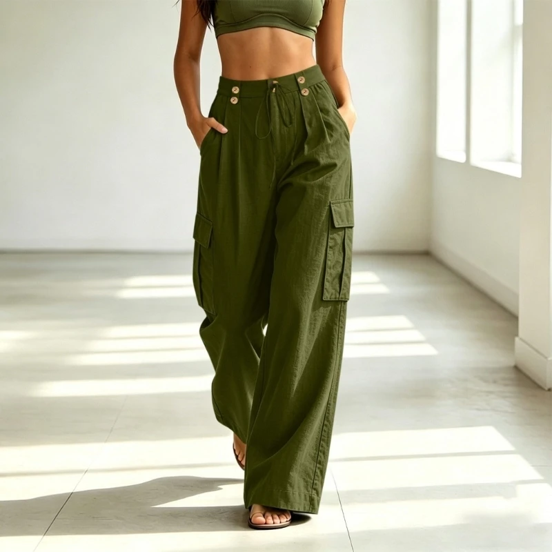 72XE Linen Pants Women Wide Leg Palazzo Trousers Flowy Cargo Outfits with Pockets
