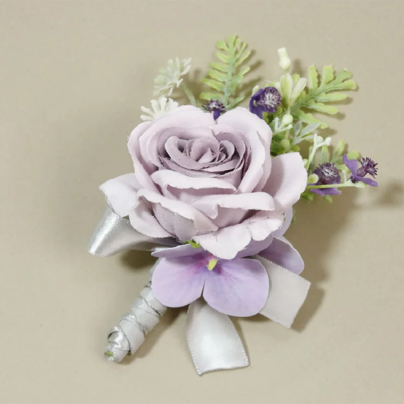 Boutonniere And Wrist Corsage Wedding Supplies Banquet Guests Simulated Flowers Groom Bride Purple 368