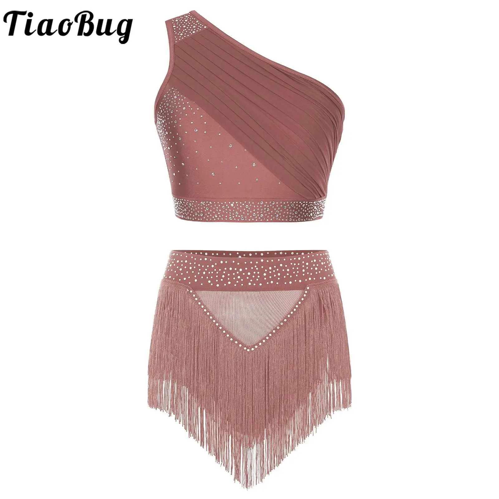 Strój do tańca lirycznego dla kobiet z dżetami, zestaw do łyżwiarstwa figurowego, asymetryczny crop top z marszczeniami, szorty z frędzlami, kostium do tańca latynoamerykańskiego i jazzu.