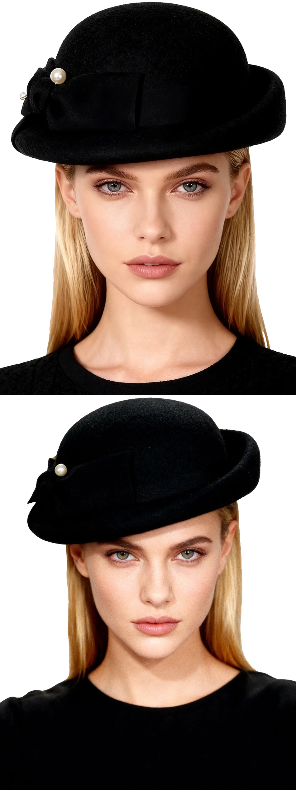 FS Luxuriöser Wollhut für Damen, eleganter blauer Teeparty-Fascinator mit Schleife, Winter-Vintage-Fedora, Chapeau Femme – Detail 4