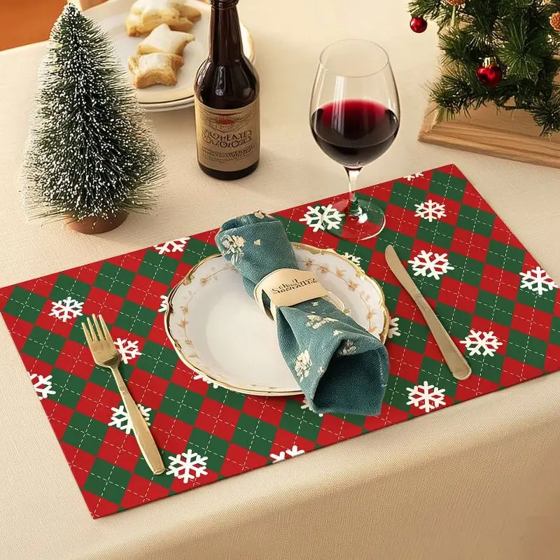 VIKAMA Dark Green Snowflake Stripe Christmas Linen Placemat Table Mat Dining Decor Kitchen Pad Home Accent Elegant Soft Durable