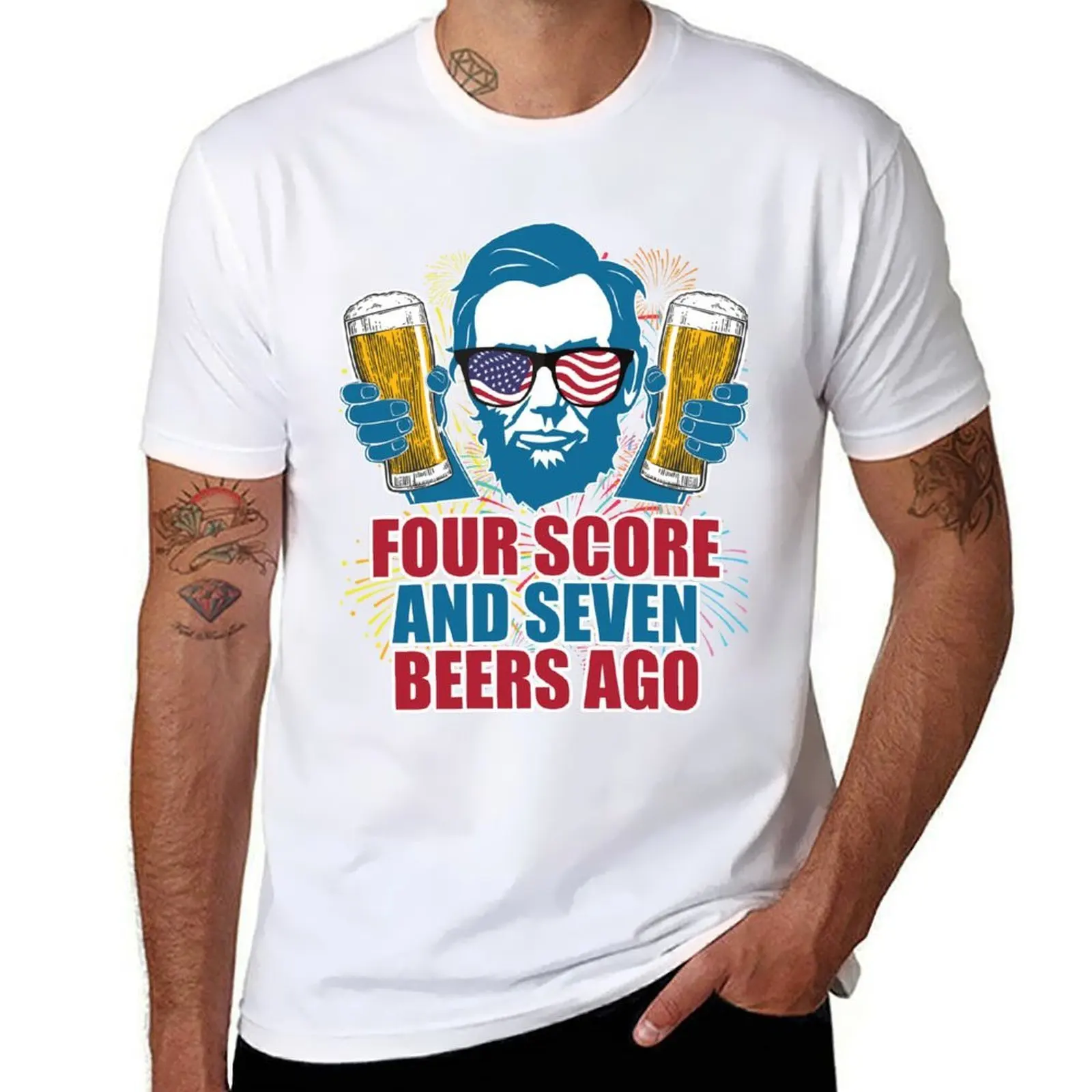 

Four Score And Seven Beers Ago Lincoln 4th Of July Funny Drinking Shirt Men's T-Shirt man tshirt T-Shirt