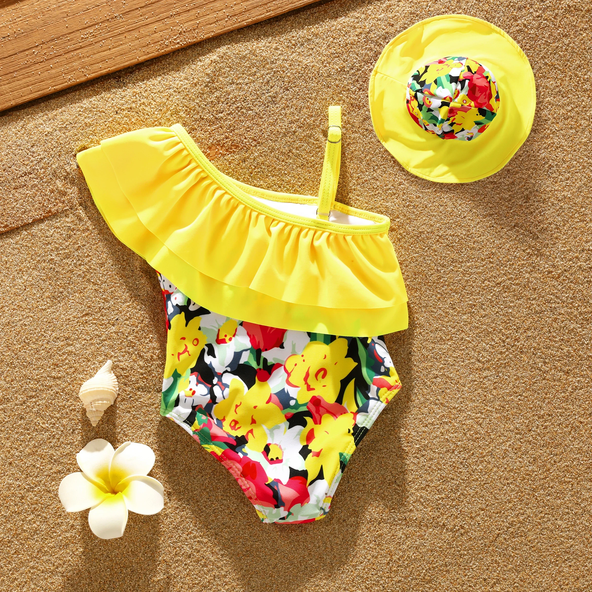 PatPat Sweet Tropical Ruffle Girl Swimsuit Set - 2pcs Suitable for Summer Season Soft and Comfortable Basic Style