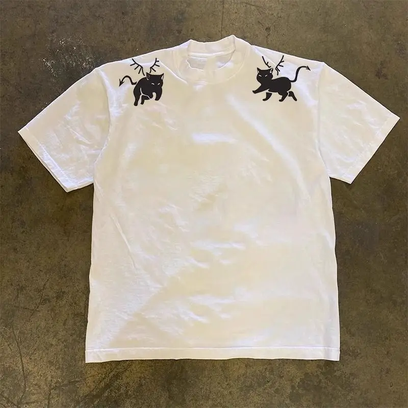 

Street American Pure Cotton Evil Cat Printed T-shirt Summer Ins Loose Couples Personalized Round Neck Y2K Half-sleeved Top