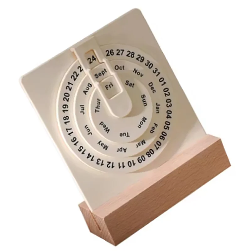 OFSS-Desk Calendar Small Rotating Desk Circular Calendar With Wooden Base Month Week Day Display Wheel Calendar