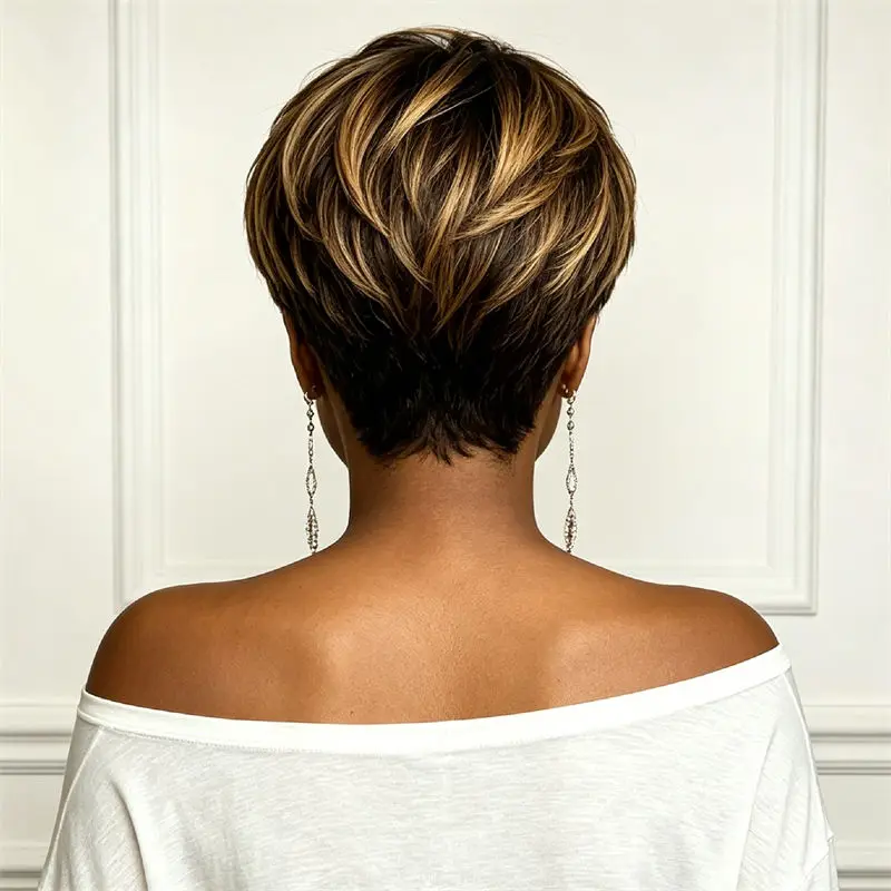 Pixie Human Hair Wig with Brown Blonde Highlights, Daily Styling