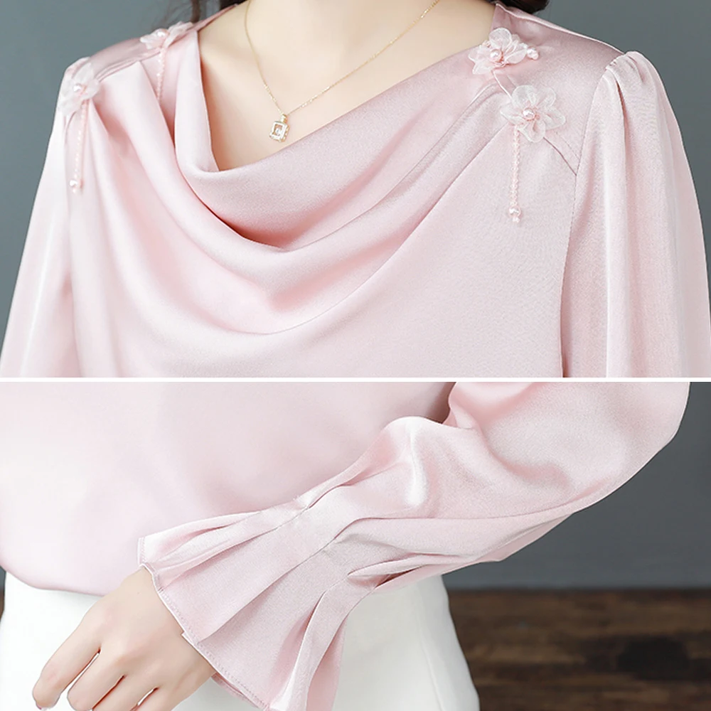 Chic Simple Women Satin Blouses Fashion Casual Ruffles Design Loose Long Sleeve Shirts With Flowers Vintage Basic Tops Women