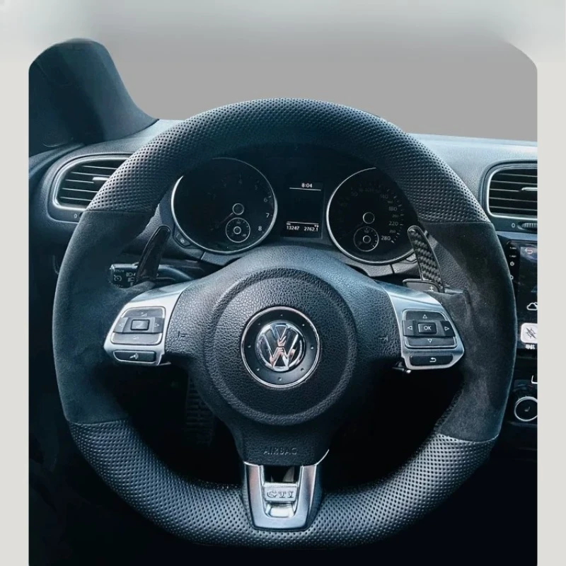 For Volkswagen Golf MK6 Polo Scirocco R Passat CC R-Line 2010 Hand-stitched black genuine leather suede car steering wheel cover