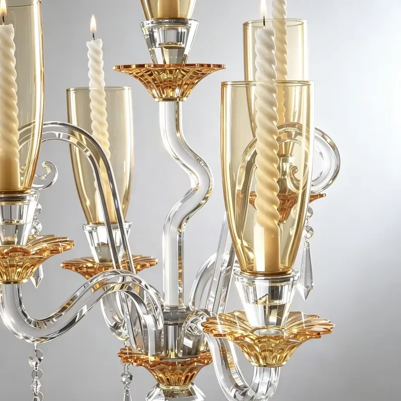 Gold 5 Arm K9 Crystal Candlestick with Amber Windproof Glass Lampshade Handmade Eco Friendly Decor for Wedding Table