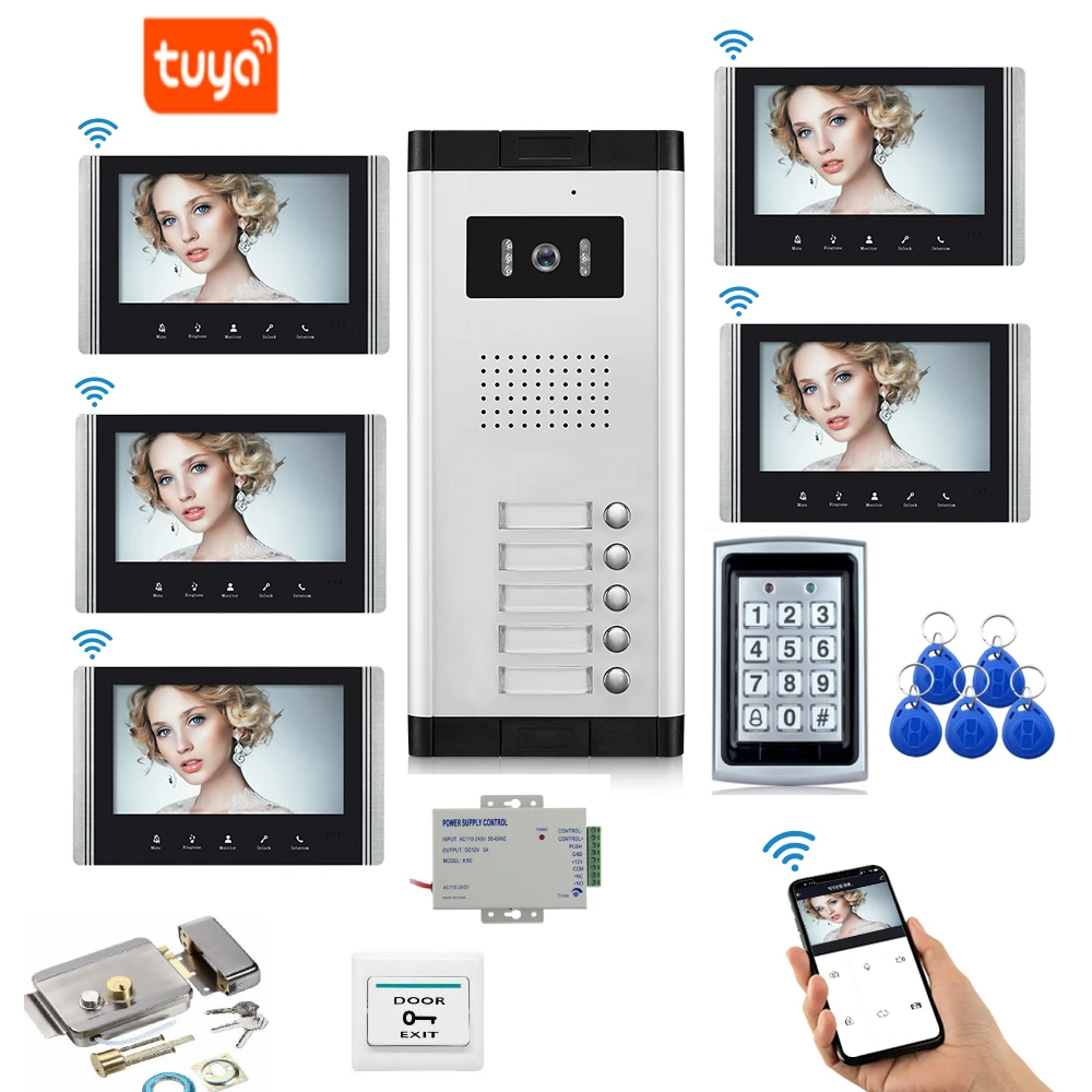 

Tuya Wifi 7 Inch Apartment Building Video Door Phone Intercom System 2/3/4/5 Units Wired Video Intercom Doorbell