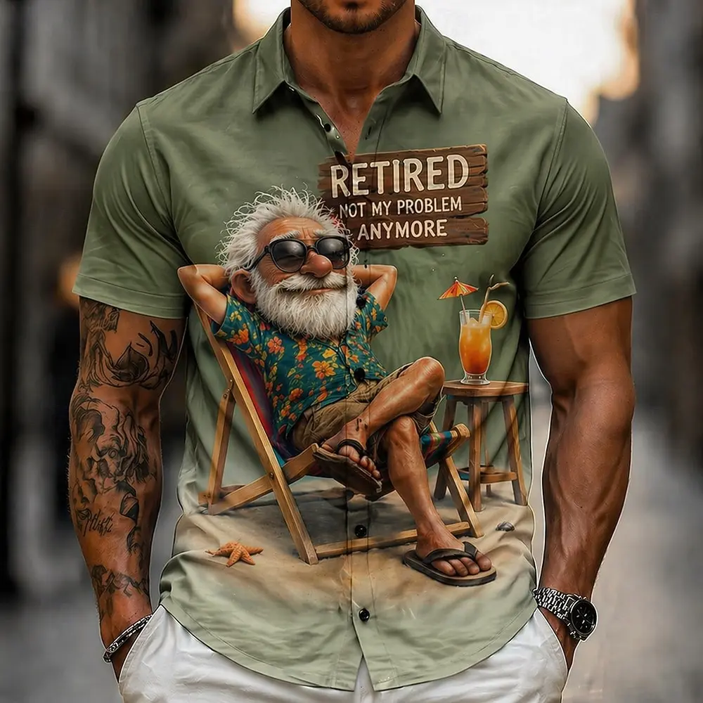 

Men's Turndown Short Sleeve Cartoon Old Man 3D Print Shirt, Vintage Casual Vacation Tops Blue Violet Green Spring Summer
