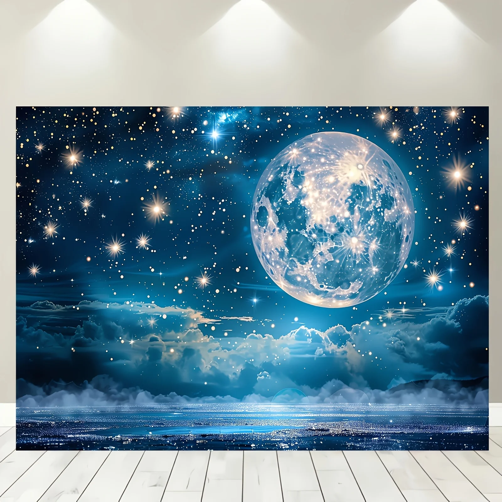 2D Flat, 1pc Moon & Stars Night Sky Banner - Large Illuminated Earth & Twinkling Stars Backdrop, Reusable Waterproof Birthday Pa
