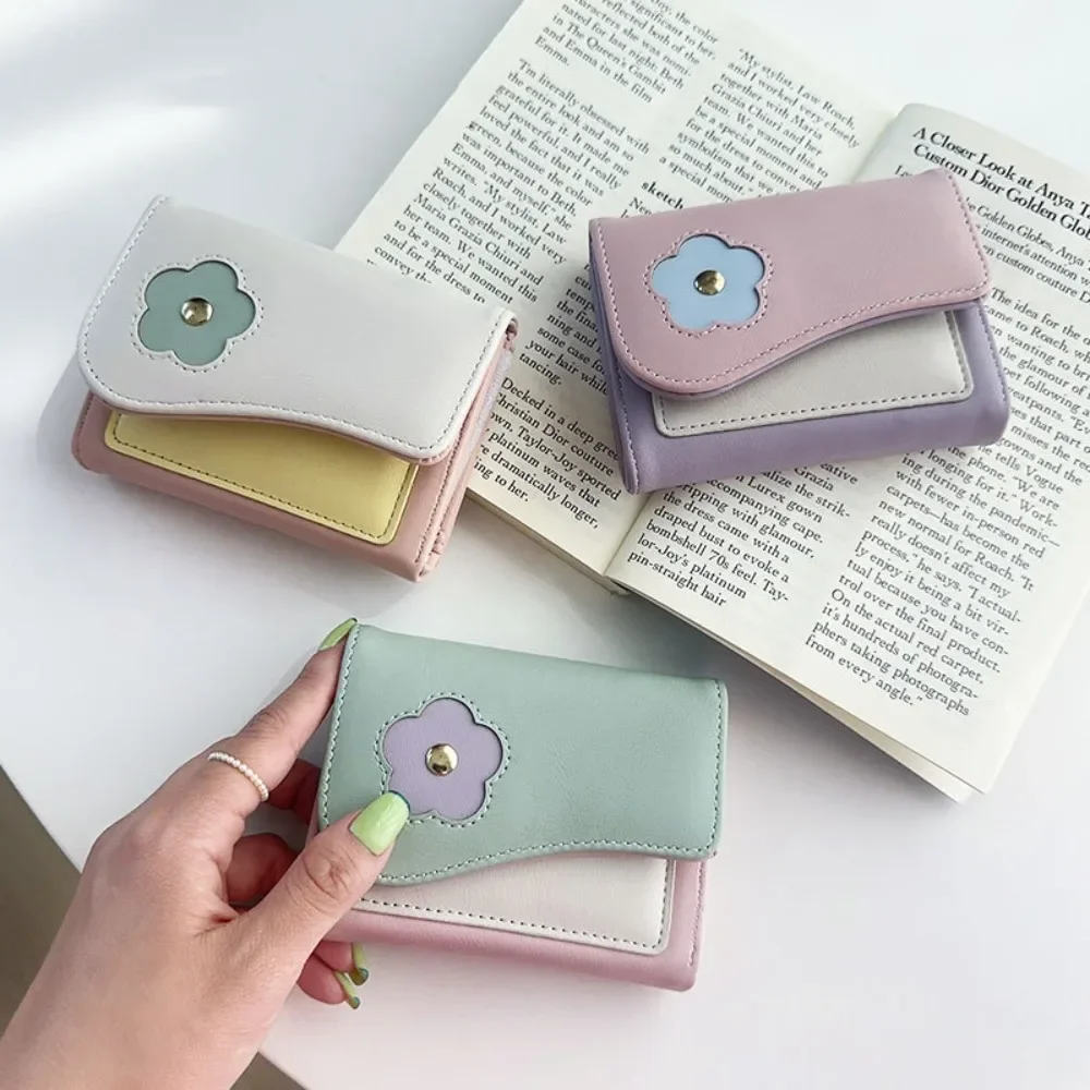 Simple Flower Short Folding Card Bag PU Color Contrast Color-matching Purse Cartoon Causal Trifold Wallet Daily