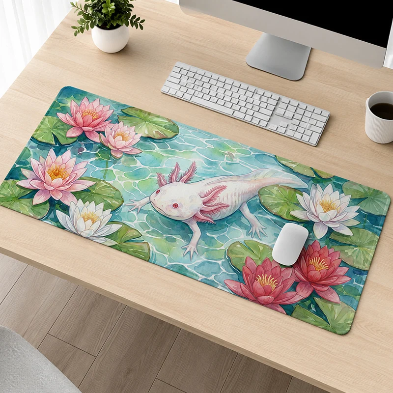 Mouse Pad Gamer Pink Axolotl in Lotus Pond printon demand Home Mousepad XXL Mechanical Keyboard Pad Soft Carpet Office Mice Pad