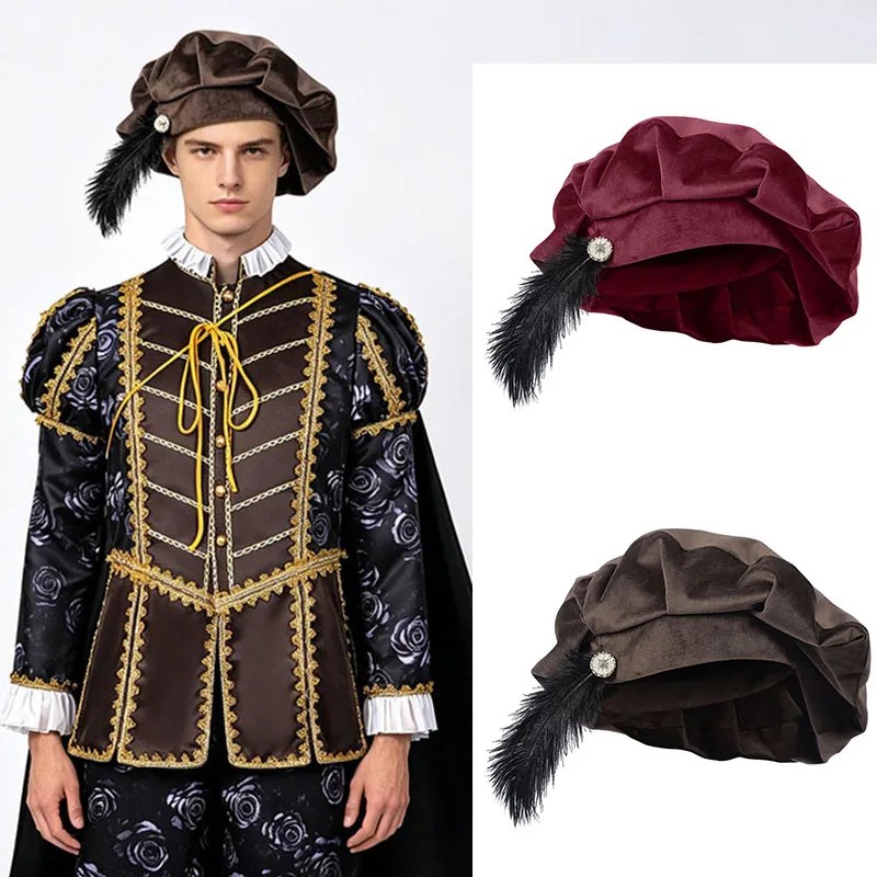 

Trendy Vintage Medieval Unisex Beret Hat With Feather Suede Tudor Hat With Feather Minstrel Muffin Elizabethan Renaissance Caps