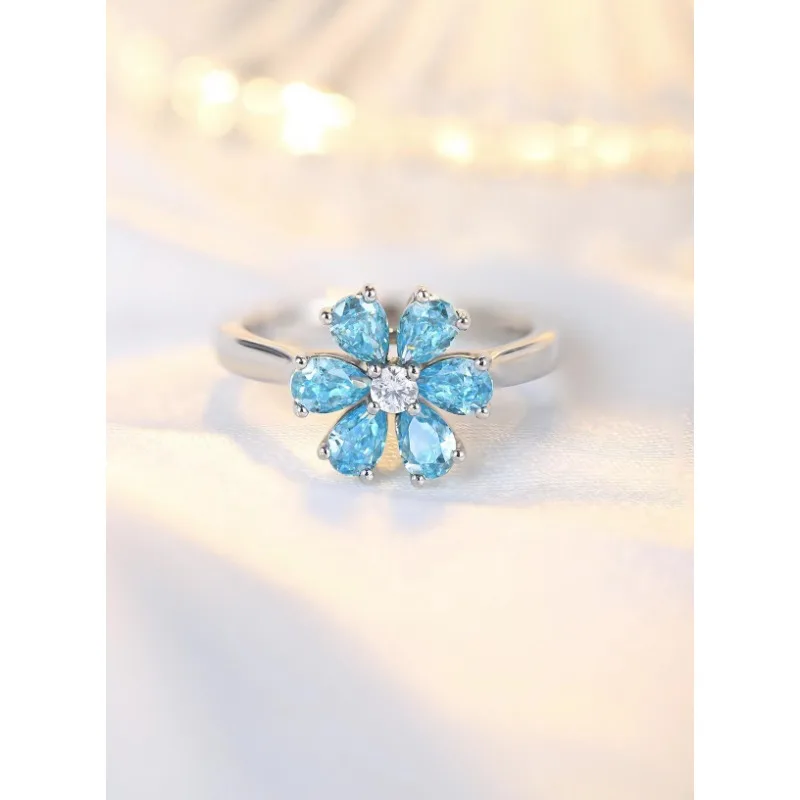 

Ruihe New Custom 925 Silver Flower Ring Lab Grown Paraiba Sapphire Gems Simulated Diamond Zirconia Women Daily Simple Jewelry