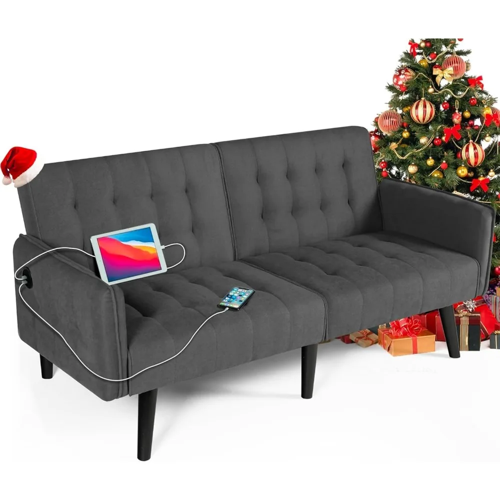 65-calowa rozkładana sofa Futon z 2 portami USB, tapicerowana, mała, regulowana rozkładana kanapa Loveseat