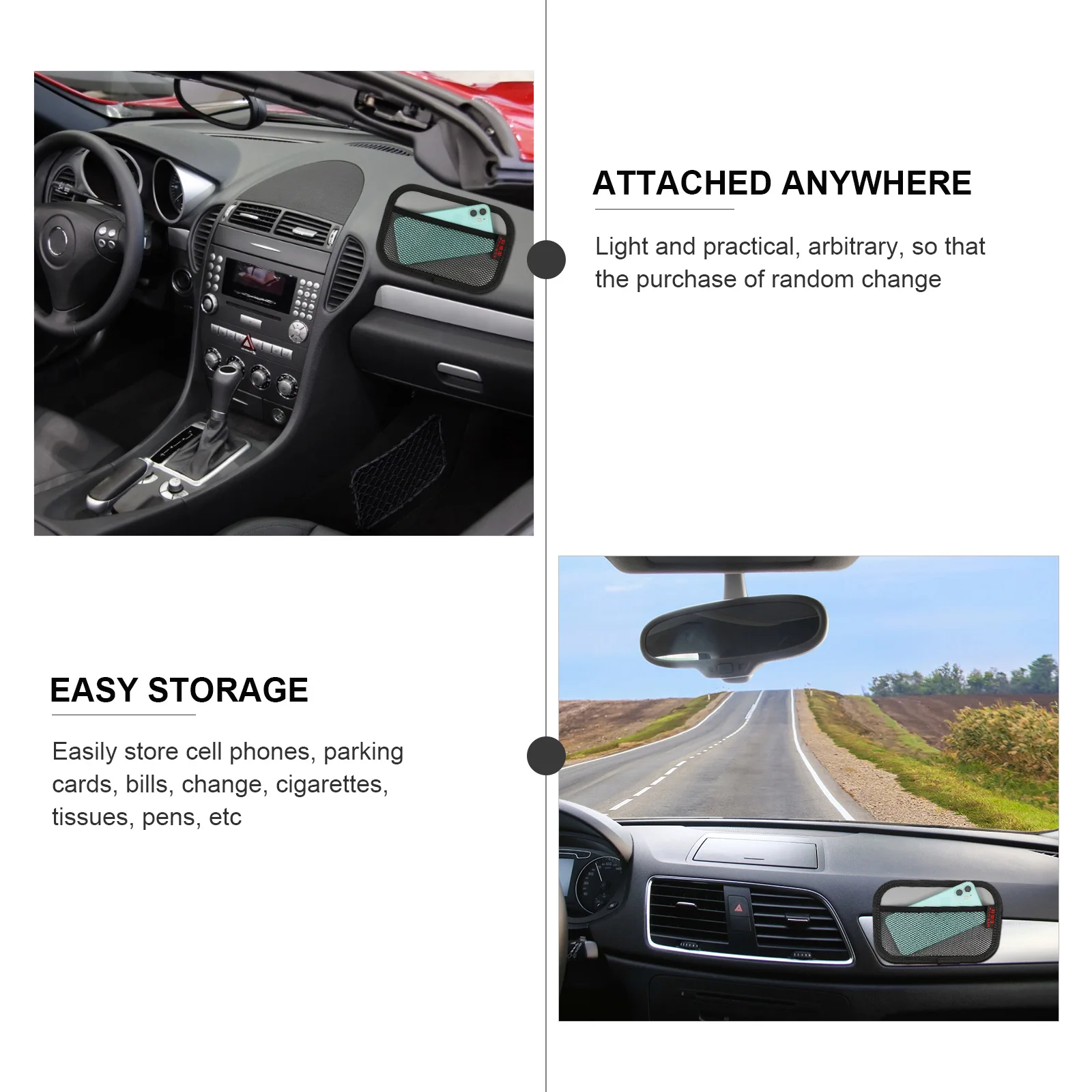 

2pcs Interior Storage Bag For Phone Seat Mesh Organizer Sticky Car Sundries Holder Easy Install Durable Car-Mounted Organizer