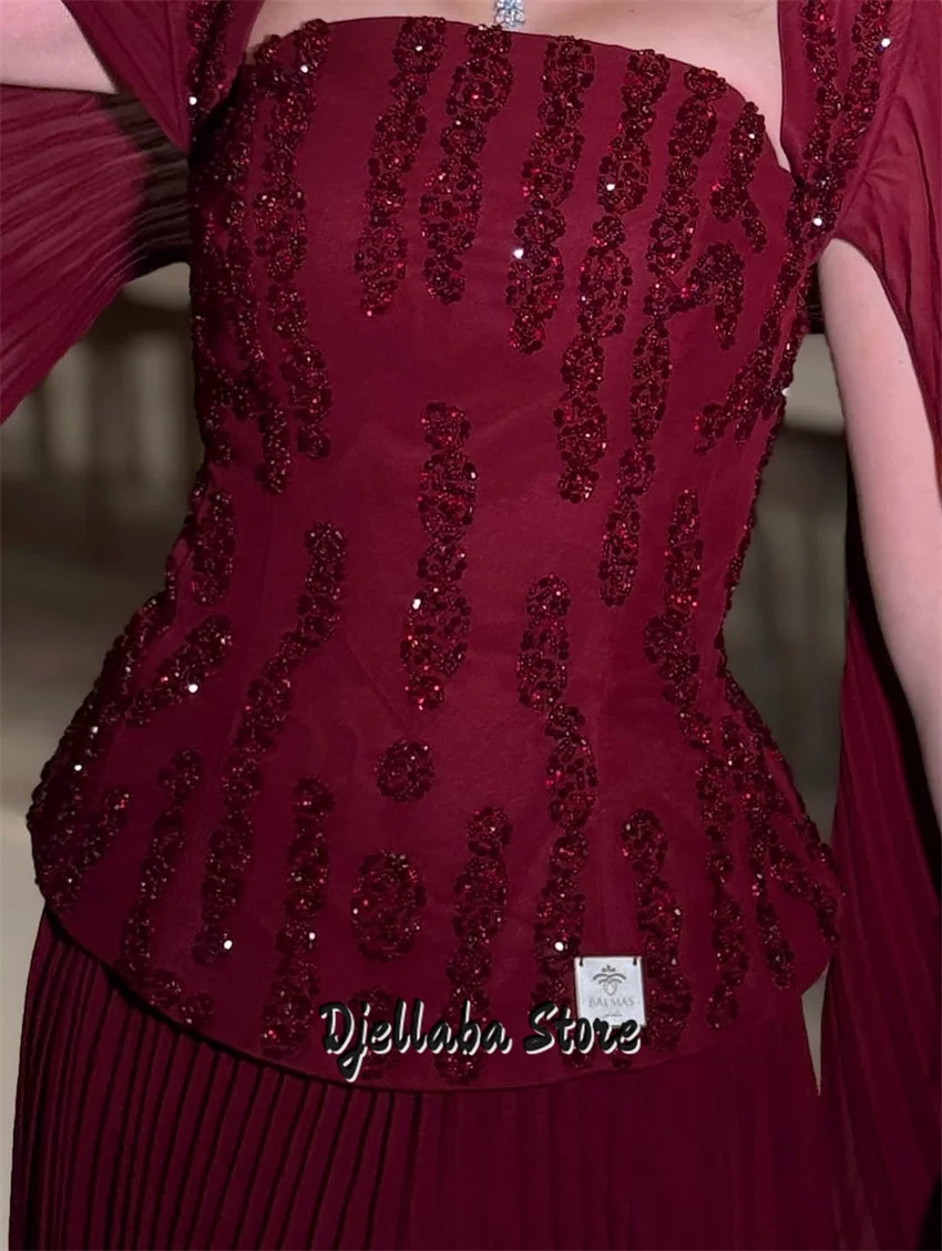 Luksusowe Czerwone Sukienki Wieczorowe Koraliki Kryształy Sukienka na Przyjęcie Urodzinowe na Bal Formalny Suknia z Peleryną Vestidos Szyte na Miarę