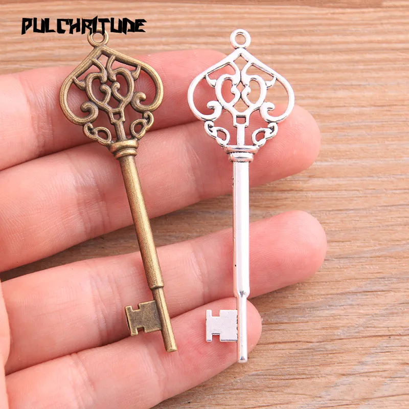 6pcs 22*69mm Two Color Hollow Key Charms Pendants Handmade Decoration Vintage For DIY Jewelry Making Findings
