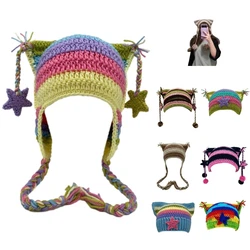 Crochet Stripe Pattern Cat Ear Hat with Dangle Pompoms Winter Knitted Hat Cold Winter Presents for Students Teenagers