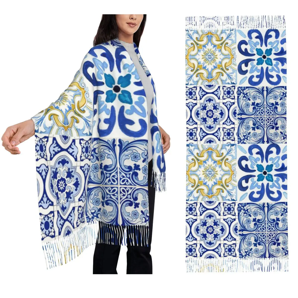 

Сицилийская плитка, средиземноморья, мозаика, лимоны, шарф, шарфы с кисточками, женские мягкие теплые шали и накидки, длинная осенне-зимняя шаль