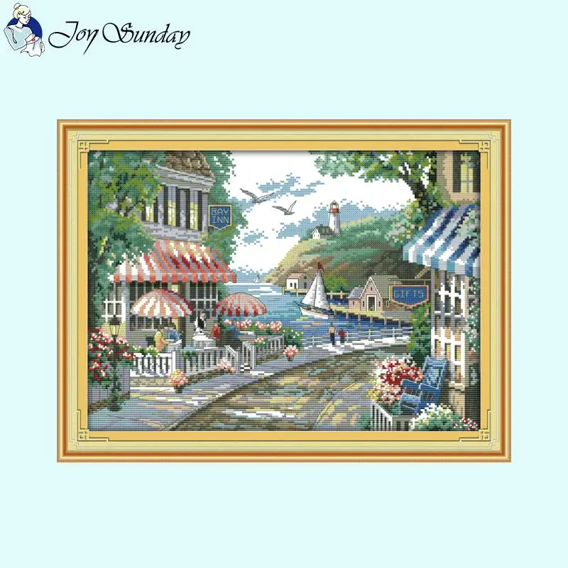 Joy Sunday City Street Series Cross Stitch Kit Aida 16ct 14ct 11ct White Fabric Printed Set DIY Embroidery Set Home Decor Crafts