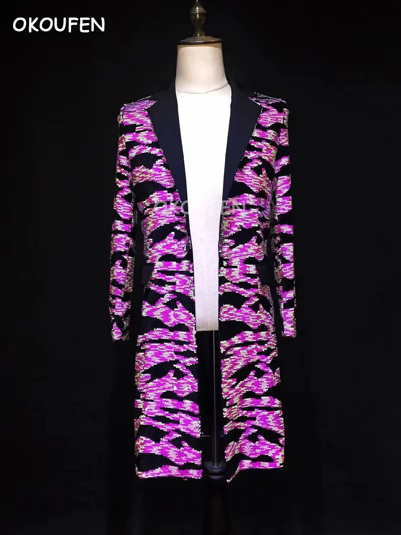 Fashion Men's Fluorescence Pink Zebra Long Coat Party Show Suit Jacket Nightclub Male Singer Dance Stage DS Costumes