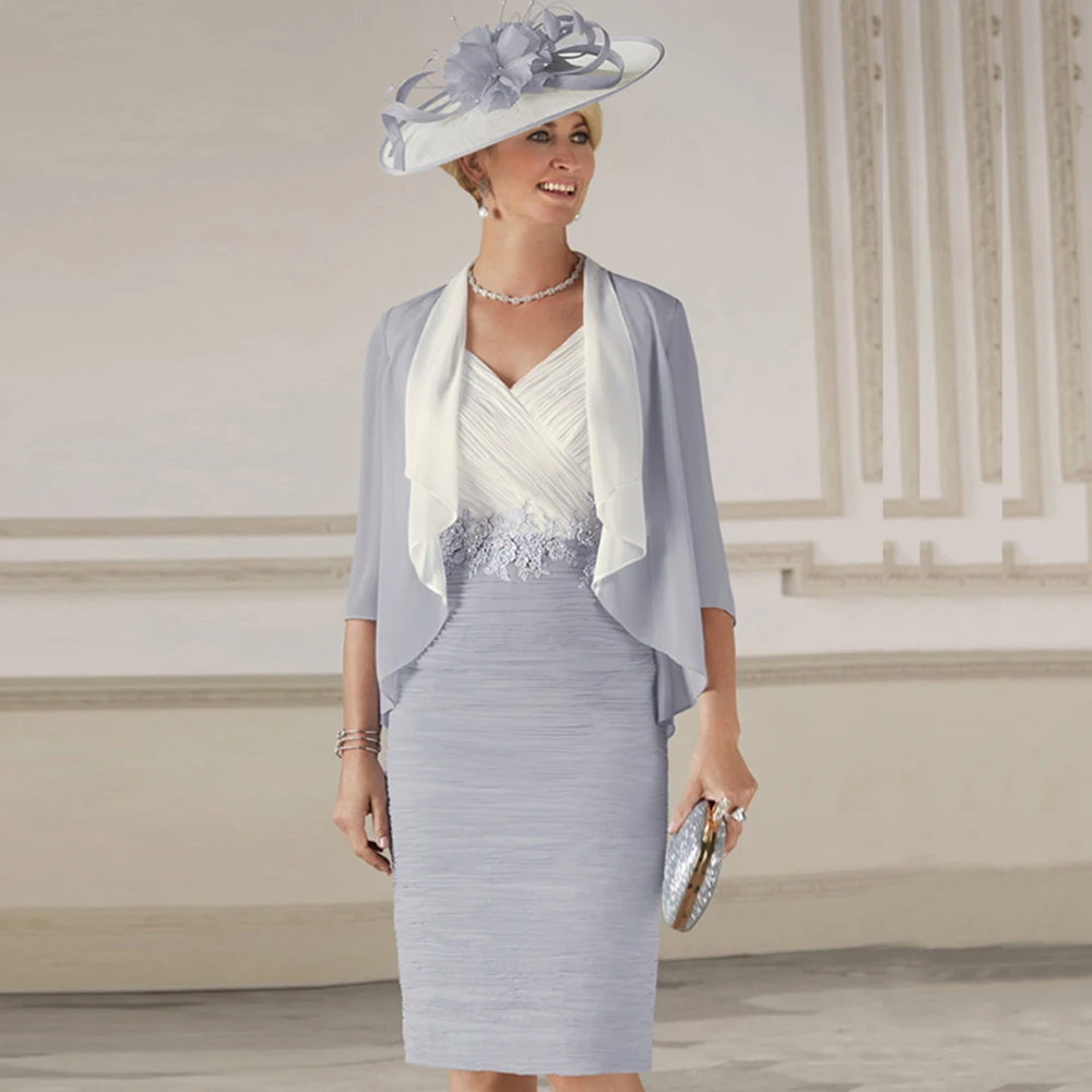 Vestido moderno de dos piezas para madre de la novia, traje gris con chaqueta, hasta la rodilla, escote en V, 2024