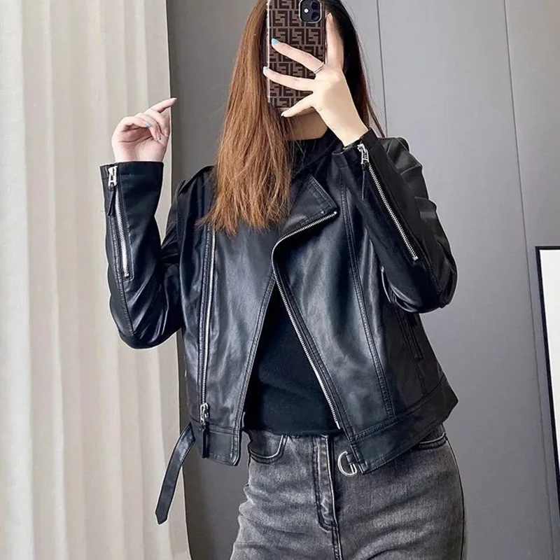

New PU Leather Jacket Women Spring Autumn Coat Jacket Fashion Windbreak Short Zipper Long Sleeve Outwear Coats Women's Clothing