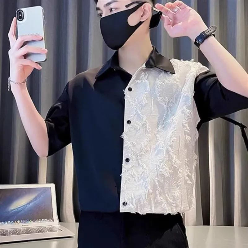 

Мужской летний тонкий ort Sve irt Casual Patchwork f Sve Top Легкий полиэфирное волокно без железа Proced M Fas...