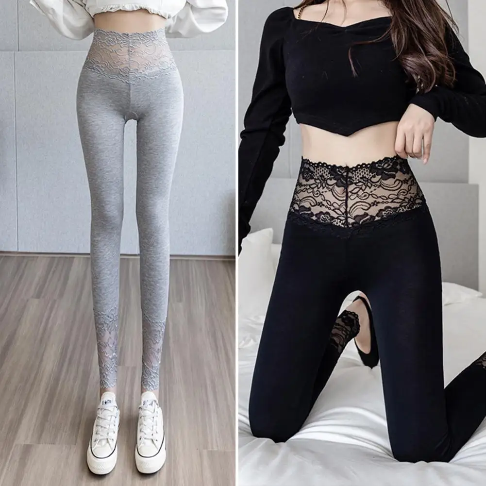 Legginsy damskie z wysokim stanem, elastyczne, obcisłe, stylowe, z koronkowymi wstawkami, elastyczne legginsy damskie z wysokim stanem do noszenia na jogę.