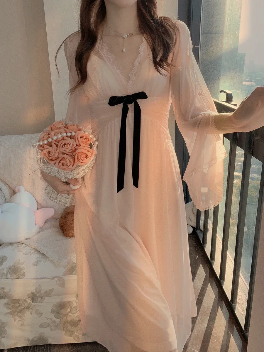 Sexy lace pajamas women's autumn mesh modal with chest pad, chest cover and anti-bumping long nightdress spring and summer