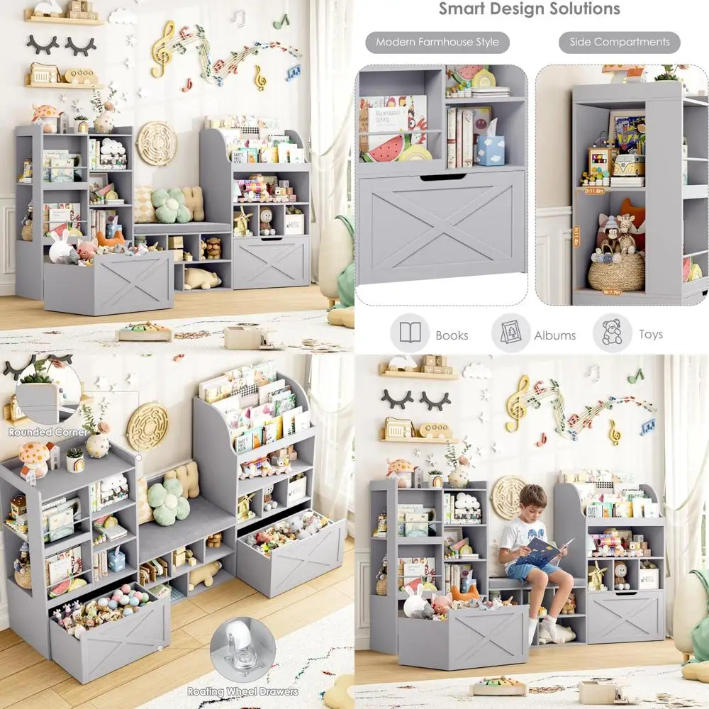 Grande organizador de armazenamento de brinquedos com ângulo de leitura e almofada de assento para crianças, estante de 75 polegadas de largura com 2 gavetas móveis