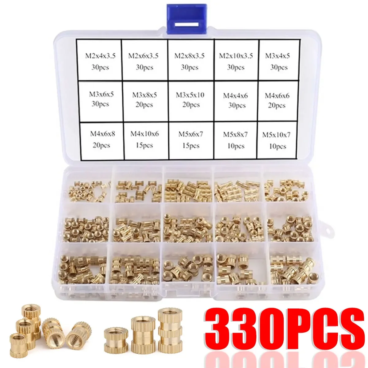 330Pcs/set M2 M3 M4 M5 Female Thread Knurled Nuts Brass Threaded Insert Round Injection Moulding Knurled Nuts Assortment Kit