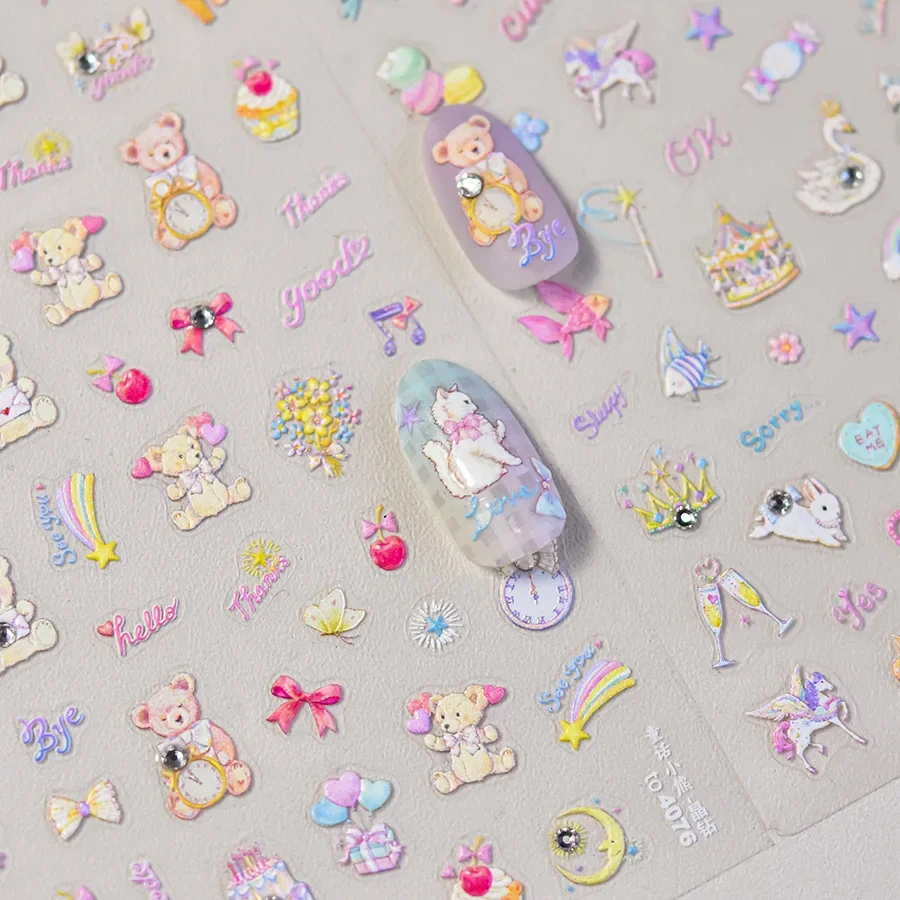 Simpatico orso cane animali torta dolce ciliegia griglia bowknot stella linea frutta sollievo autoadesivo adesivi per nail art decalcomanie per manicure 5D