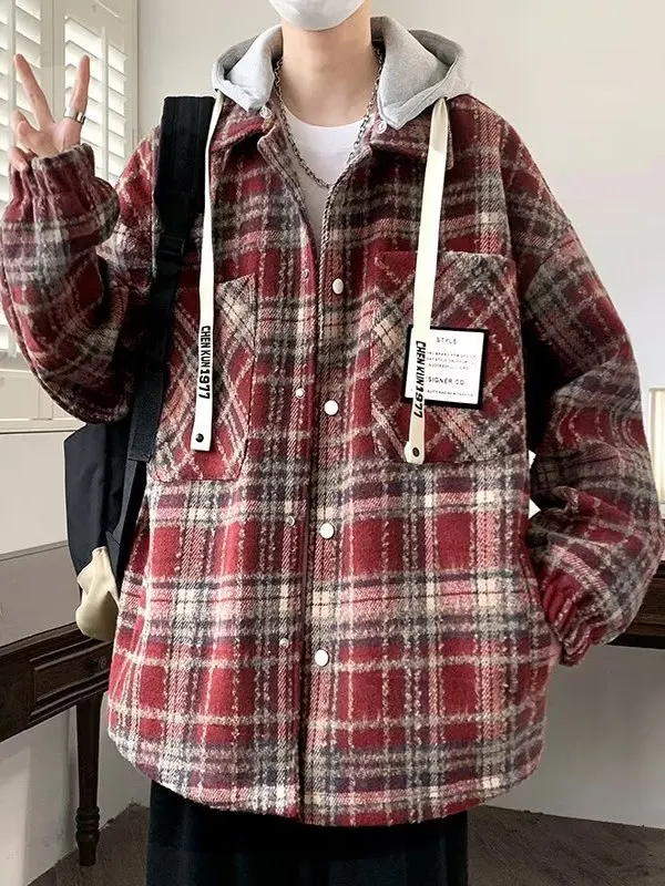 

plus Size Men's Plaid Hooded Jaet Spring Autumn Casual Trendy Single Button Closure Long Sve Youth ular Outerwear