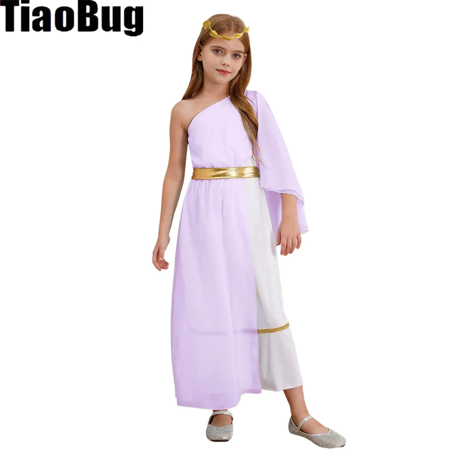 

Kids Girls Ancient Greek Toga Dress Single Shoulder Patchwork Dress with Waistband And Wreath Headband for Halloween Costume