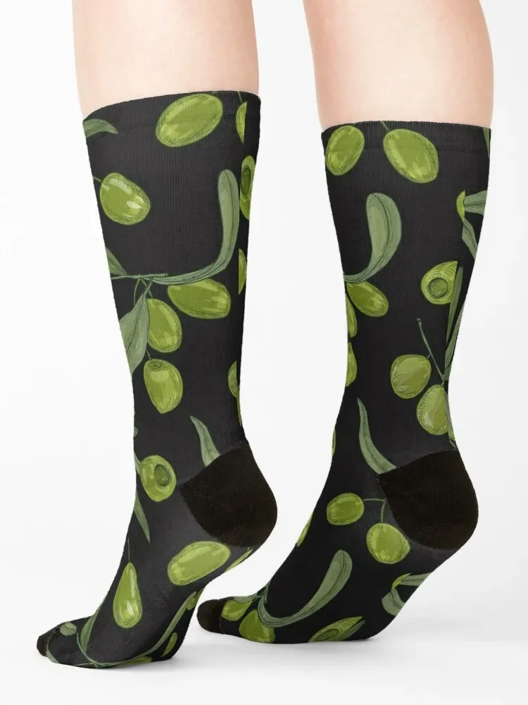 Green Olives with Leaves on Black Pattern Socks funny gift with print valentine gift ideas Girl'S Socks Men's